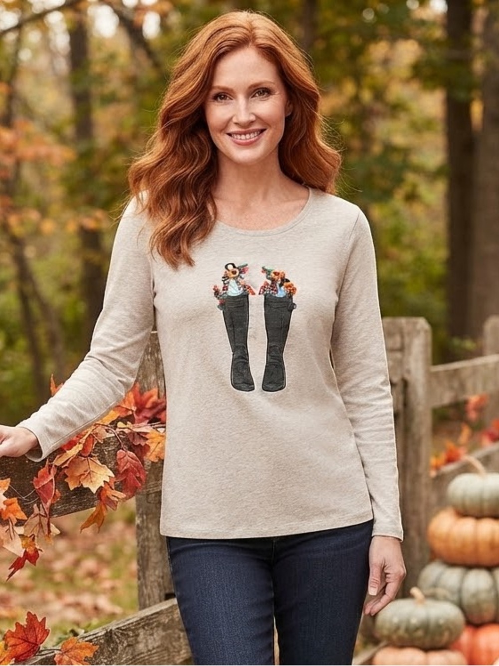 Talbots Cream Long-Sleeve Graphic Fall Boot Pullover Shirt